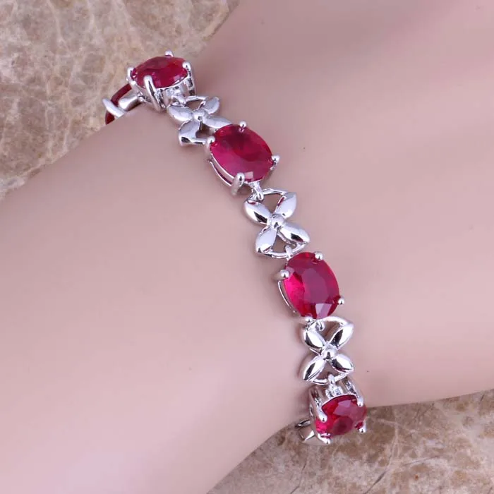 Красивый Красный кубический цирконий Посеребренная звеньевая цепочка овальный