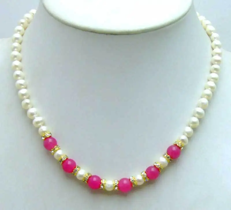 6-7 мм белый натуральный пресноводный жемчуг с 8 круглым розовым камнем 17