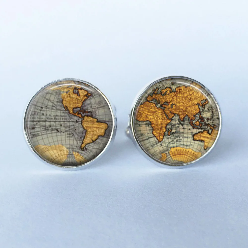 Серебряные запонки стеклянные круглые винтажные карты мира модные парусники|world