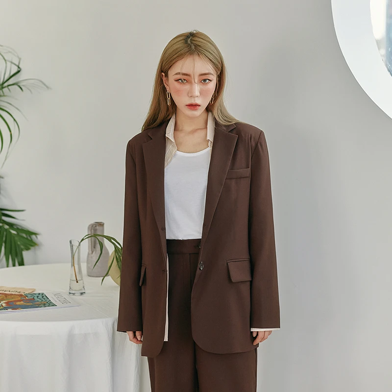 Винтаж Для женщин брюки костюм One Button Blazer куртка и эластичный пояс широкую ногу 2018