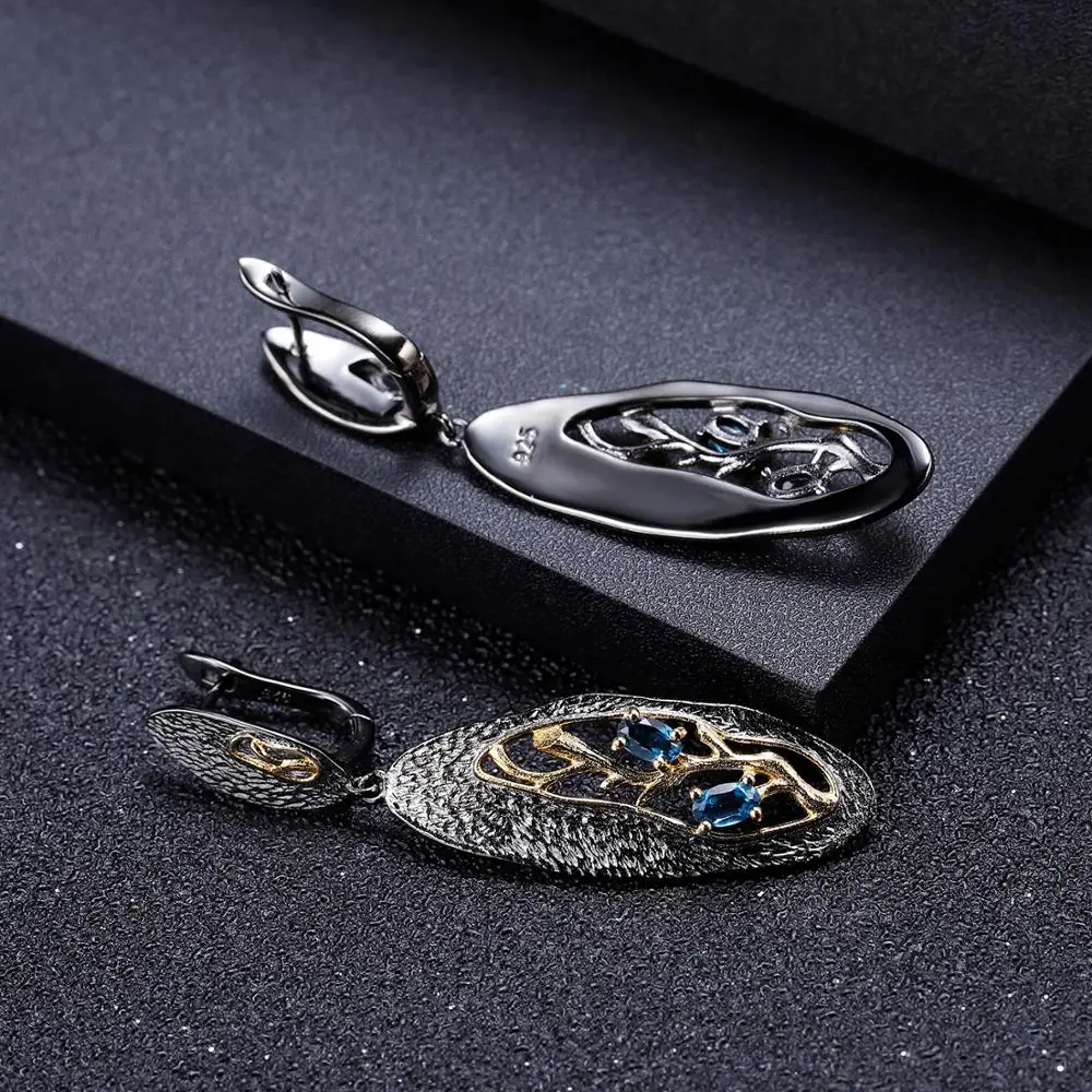 GEM'S BALLET 925 Sterling Silver Natural London Blue Topaz Handmade Petal Floral Drop Earrings for Women Fine Jewelry | Украшения и