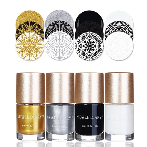 4 Bottles Set 1 NICOLE DIARY 6 4 2 бутылка стемпинг ногтей покрытие лак набор черный белый золотой лак для ногтей Набор для печати ногтей 9 мл - Цвет: 4 Bottles Set 1