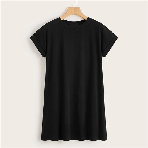 Черный SweatyRocks, черная футболка с манжетами, платье для женщин, однотонное, для отдыха, короткая футболка, платья,, летнее повседневное мини-платье - Цвет: Черный