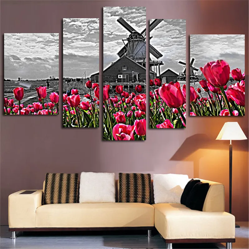 

Holland Windmill Tulip Landscape Modern Canvas Painting 5 Pieces Wall Art Tulip Flower Cuadros Decoracion For Living Room