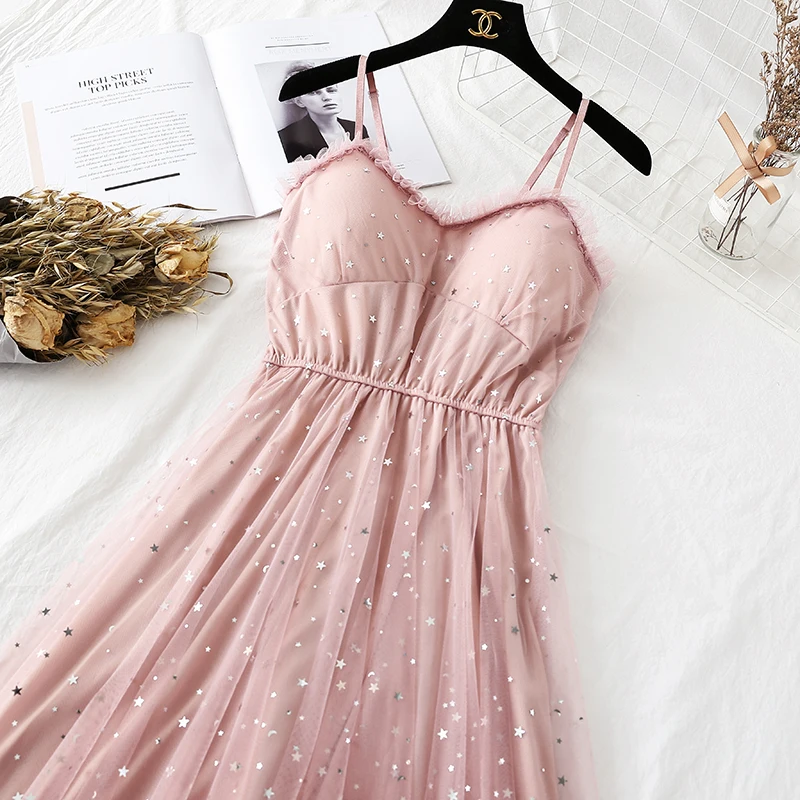 

Korean Summer 2019 New Sweet Women Dress Sexy Shining Stars Sequined Strapless Dress Elegant Spaghetti Strap Casual Vestidos