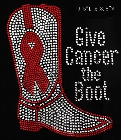 

Free shipping Hotfix Rhiestone Transfer design image fo shirt give cancer the boot red with white clear crystal