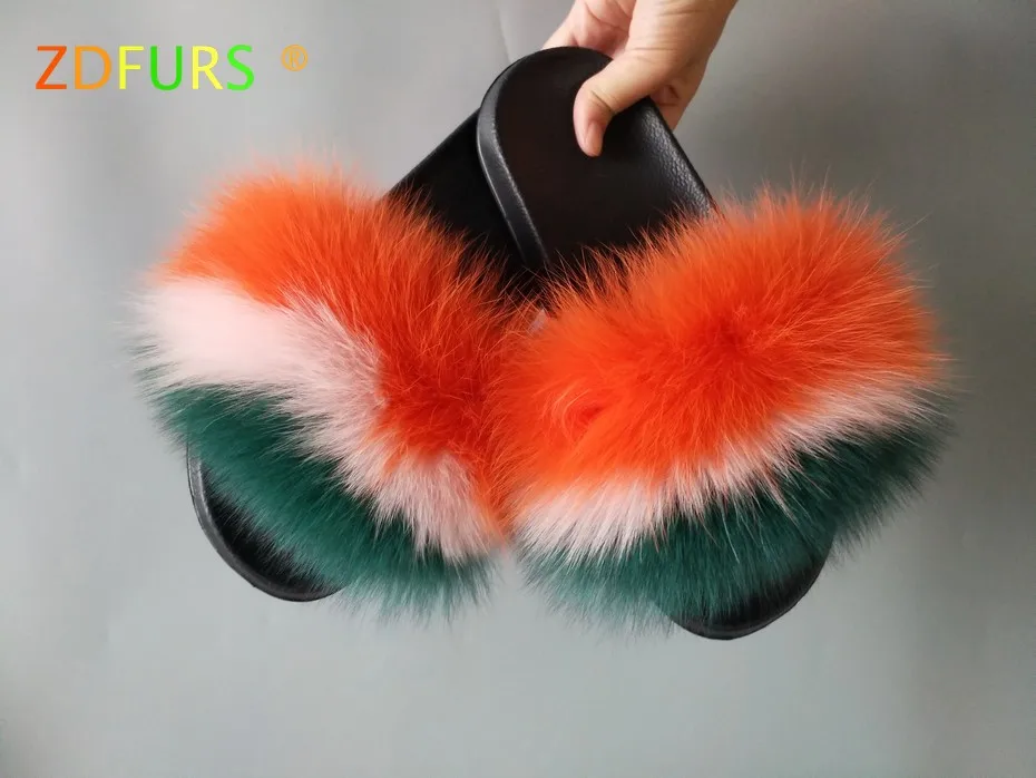 orange pink green ZDFURS/; Лидер продаж; женские шлепанцы с лисьим мехом; Разноцветные Летние модные шлепанцы; женские меховые домашние Вьетнамки; пляжные сандалии - Цвет: orange pink green