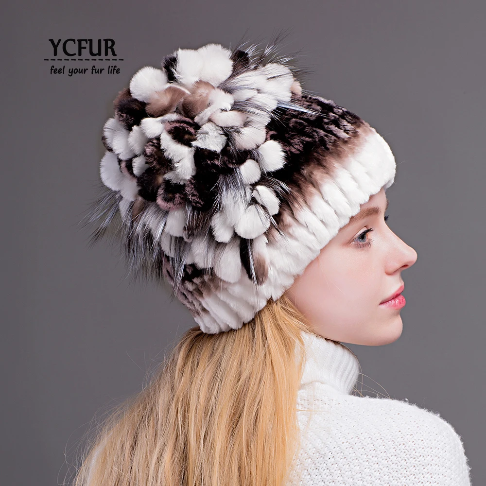 

YCFUR Winter Hats Caps for Women Sew Stripes Genuine Rex Rabbit Fur Hats Beanies Silver Fox Fur Trims Winter Warm Hat Cap Female