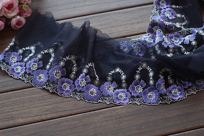 

2yards/lot 16cm wide Embroidered Tulle Lace trim mesh lace trim~Black + Purple + Blue~beautiful~
