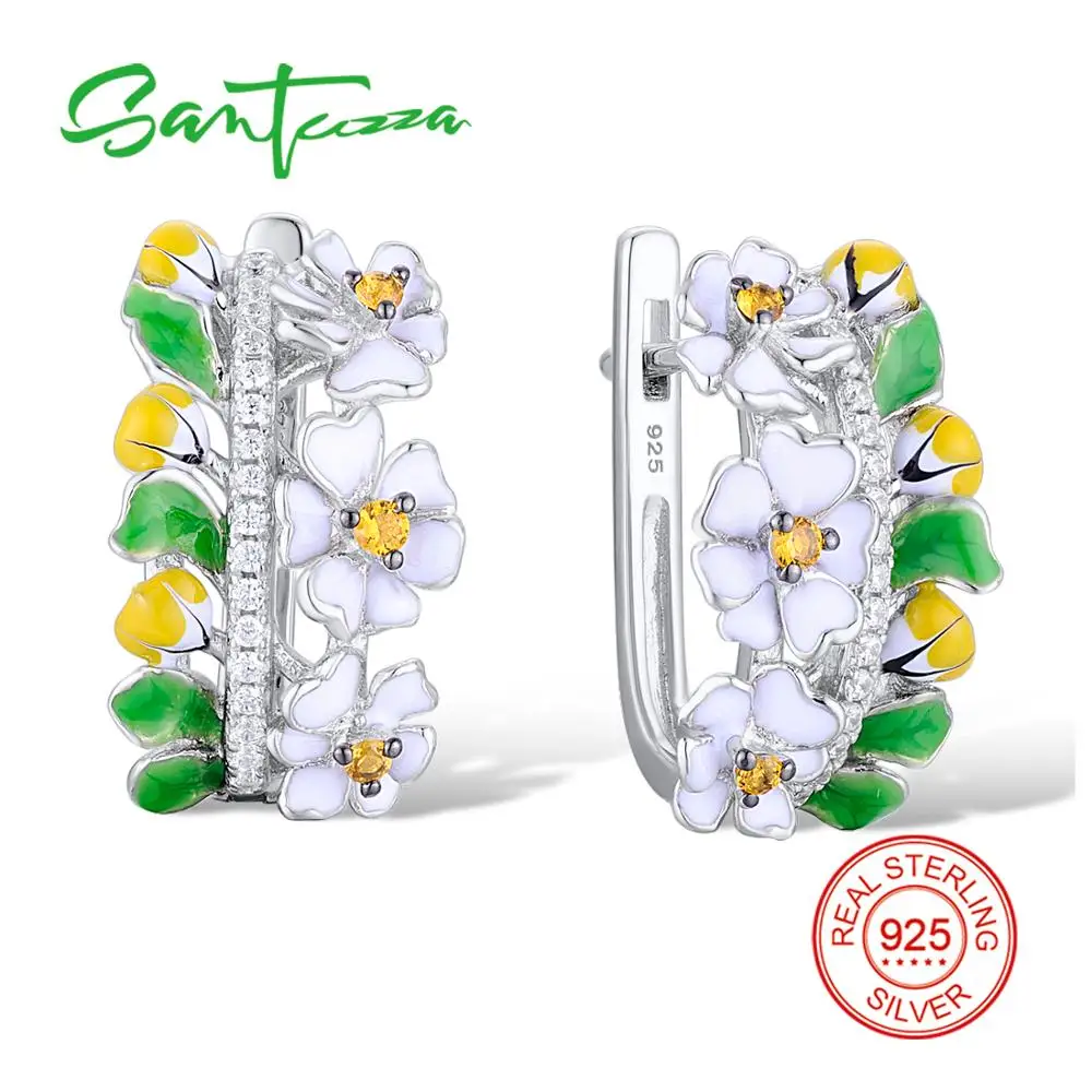SANTUZZA, серебряные, зеленые, цветочные серьги для женщин, 925 пробы, серебряные серьги, серебро 925, кубический цирконий, ювелирные изделия, эмаль