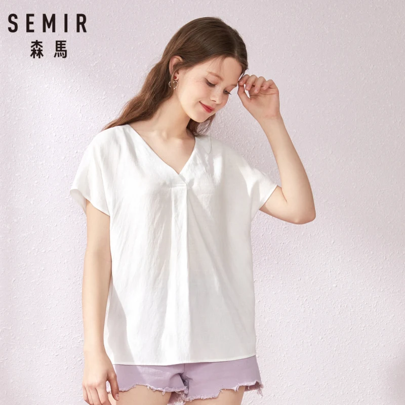 Женская рубашка с коротким рукавом SEMIR Модная хлопковая блузка v-образным вырезом