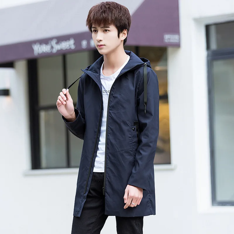 Мужская куртка весна-осень 2019 тонкая Длинная ветровка с капюшоном трендовые