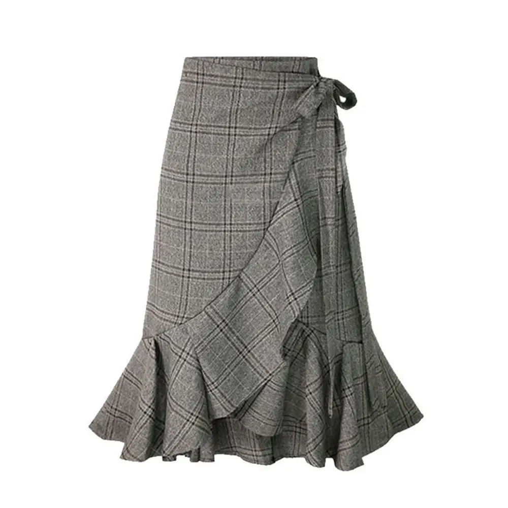 

2019 New Skirt Fashion Sexy Women's Casual Ruffled High Elastic Waist Plaid Lady Elegant Skrit