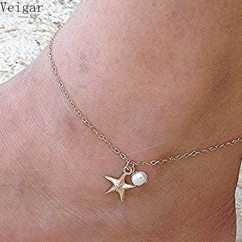 

Imitation Pearl Starfish Ankle Bracket Women Anklets 2018 Fashion Summer Beach Foot Jewelry Ladies Ankle Chain Gold Silver Color