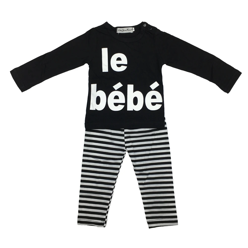 Baby boy одежда черный длинный рукав буквы футболка + полосой брюки дети 2 шт. костюм