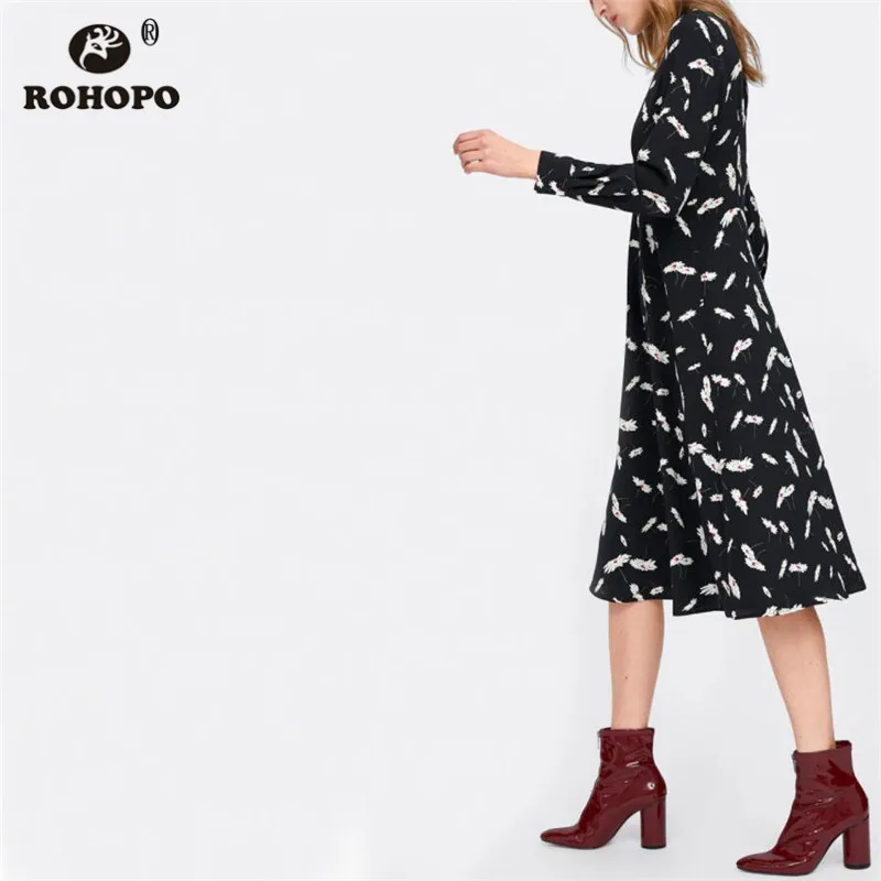 ROHOPO/черное платье средней длины с длинными рукавами и принтом маргариток
