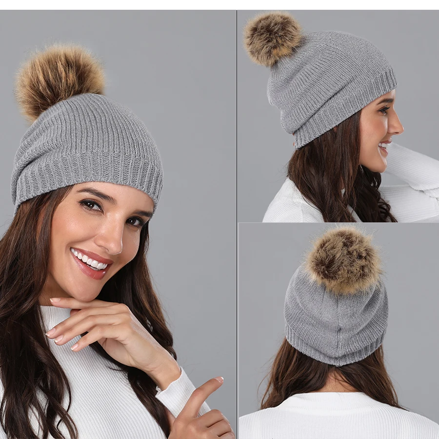 Girita женская зимняя вязаная шапка Skullies Beanies, шапки с флисовой подкладкой, вязаные меховые женские теплые шапки с помпоном