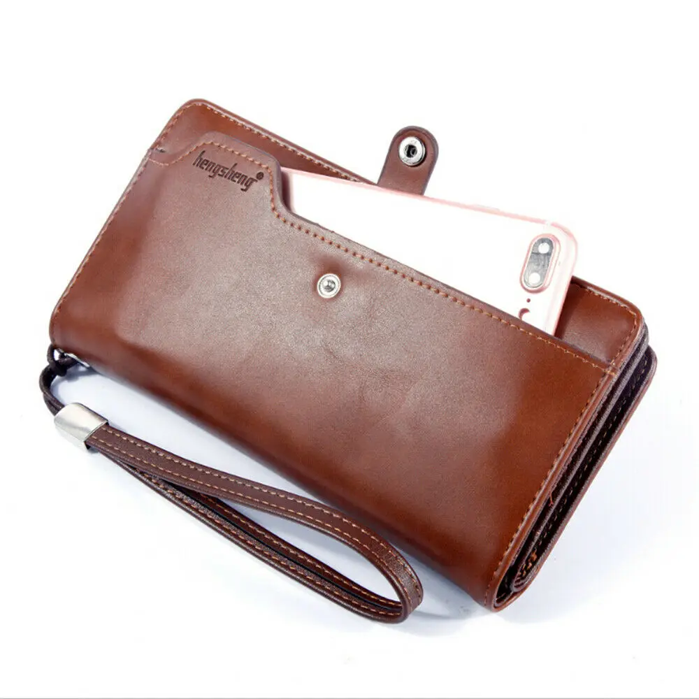 Мужской длинный бумажник классический однотонный кошелек из искусственной кожи