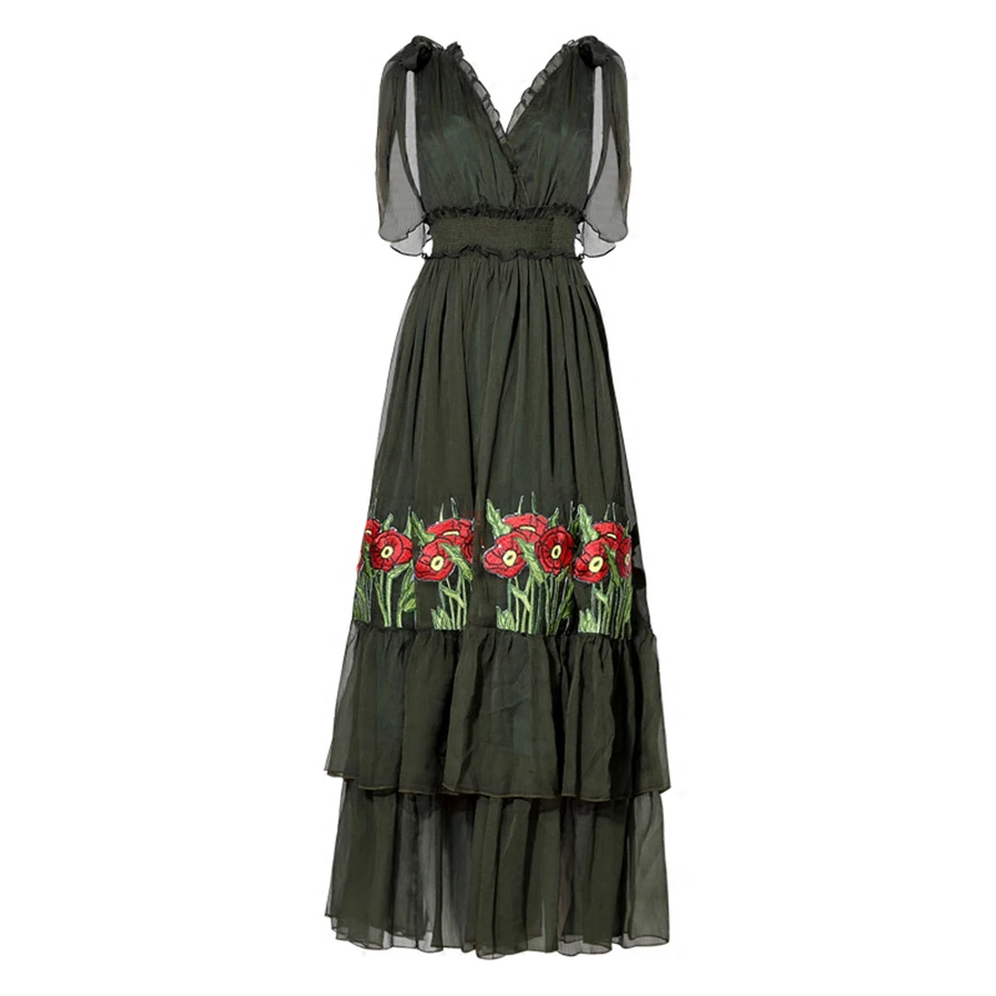 Лето 2017 г. женские Высокое качество темно зеленый Роскошные платья дамы оборками