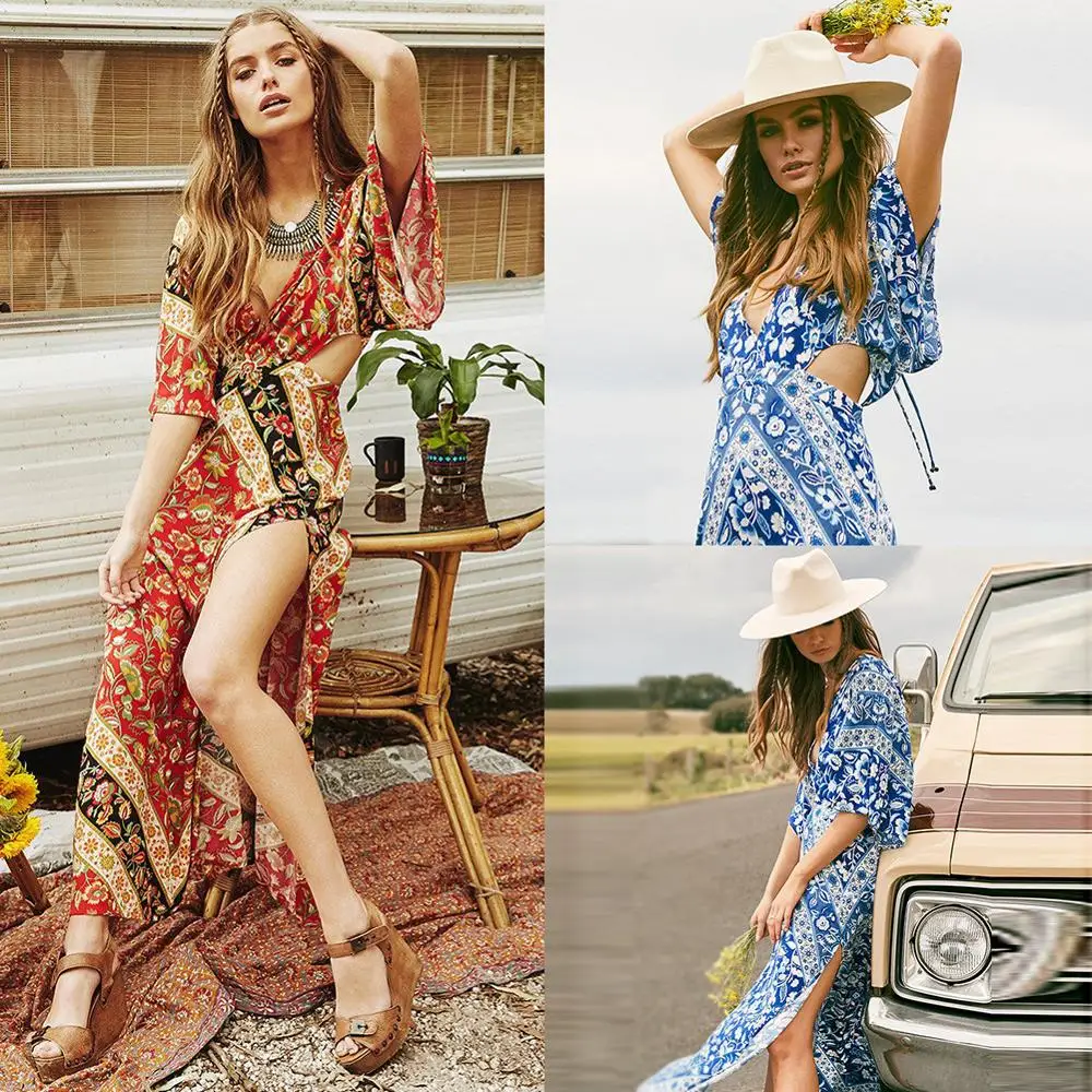 2017 г. летние женские цветочный принт глубокий v-образный вырез пляжное платье