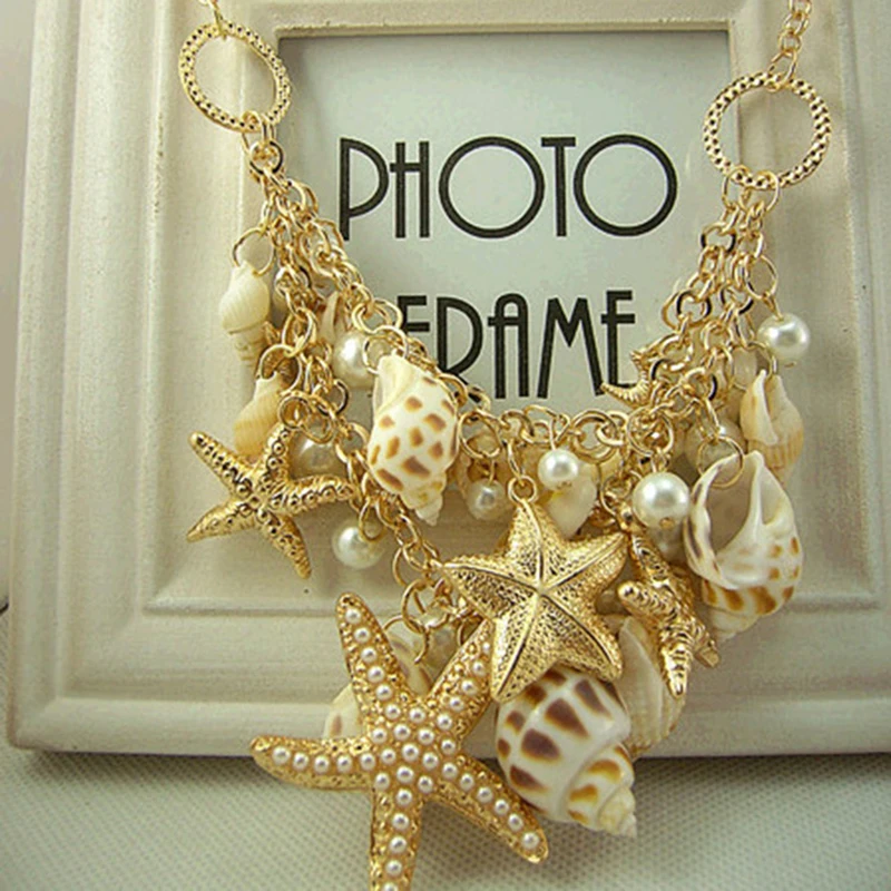 2018 Conch Shell Starfish Simulated pearl Necklace Sweet Fashion Sea Star Plated Multitiered Necklaces &amp Pendants | Украшения и