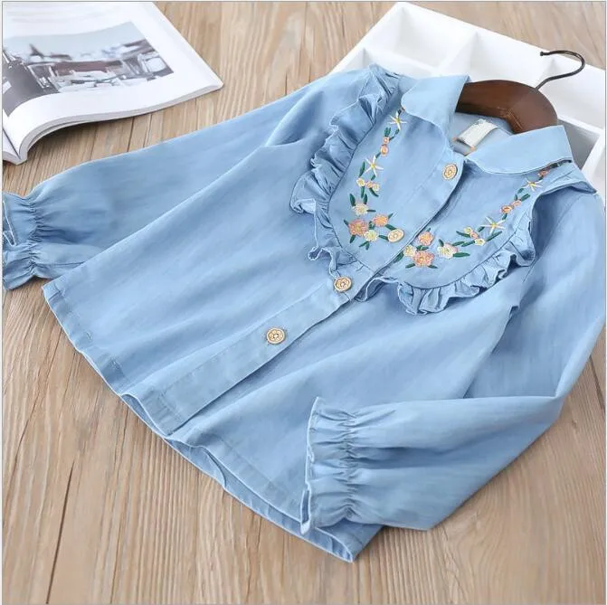 Осенне весенняя блузка для маленьких девочек джинсовая рубашка с рюшами и