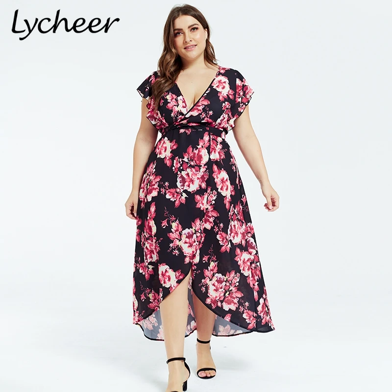 Женское платье с цветочным принтом Lycheer длинное макси оборками и рукавами
