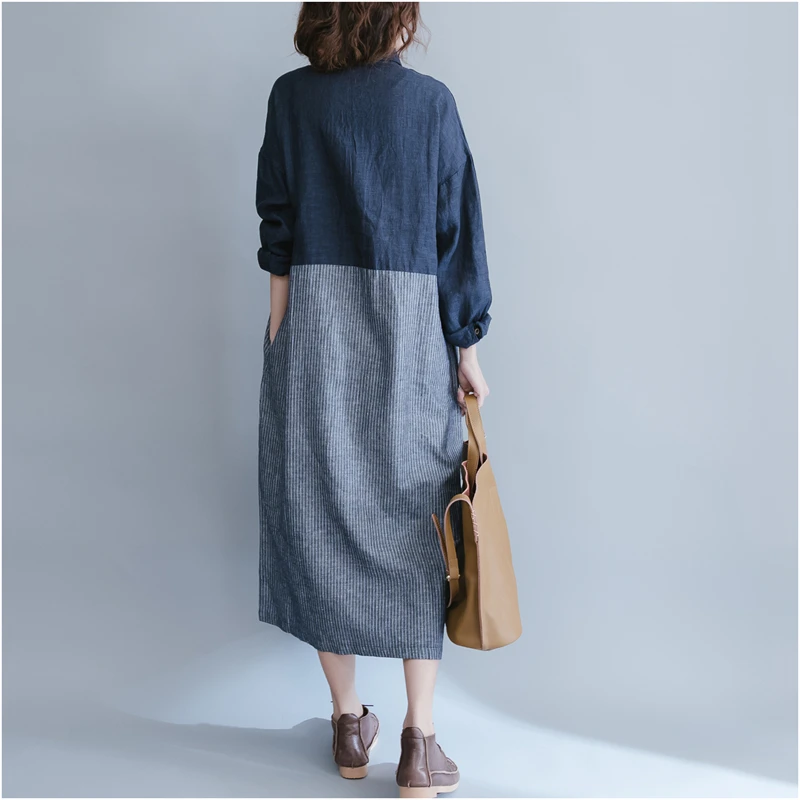 Женское винтажное платье-рубашка длинное платье из хлопка и льна с длинным