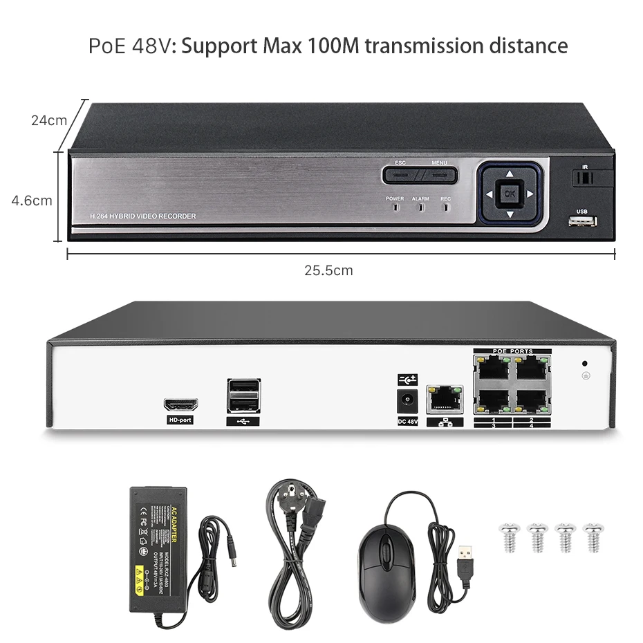 H.264 4CH or 8CH CCTV NVR 48V PoE NVR 4*5MP/ 8*4MP Surveillance Security Video Recorder IP Camera Motion Detect PoE NVR P2P