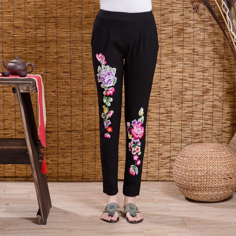 Брюки-султанки женские в этническом стиле модные штаны с цветочной вышивкой