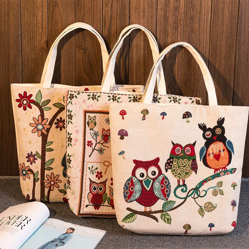 

YILE Zippered Handbag Eco Shopping Tote Jacquard Weave Fabric Flower Owls 239aeg