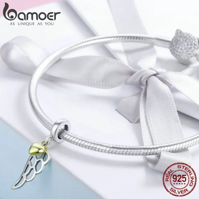 BAMOER, 925 пробы, серебряный, модный, перья, крылья, подвеска, золотой цвет, сердце, шарм, подходит для браслета и ожерелья, ювелирные изделия SCC838
