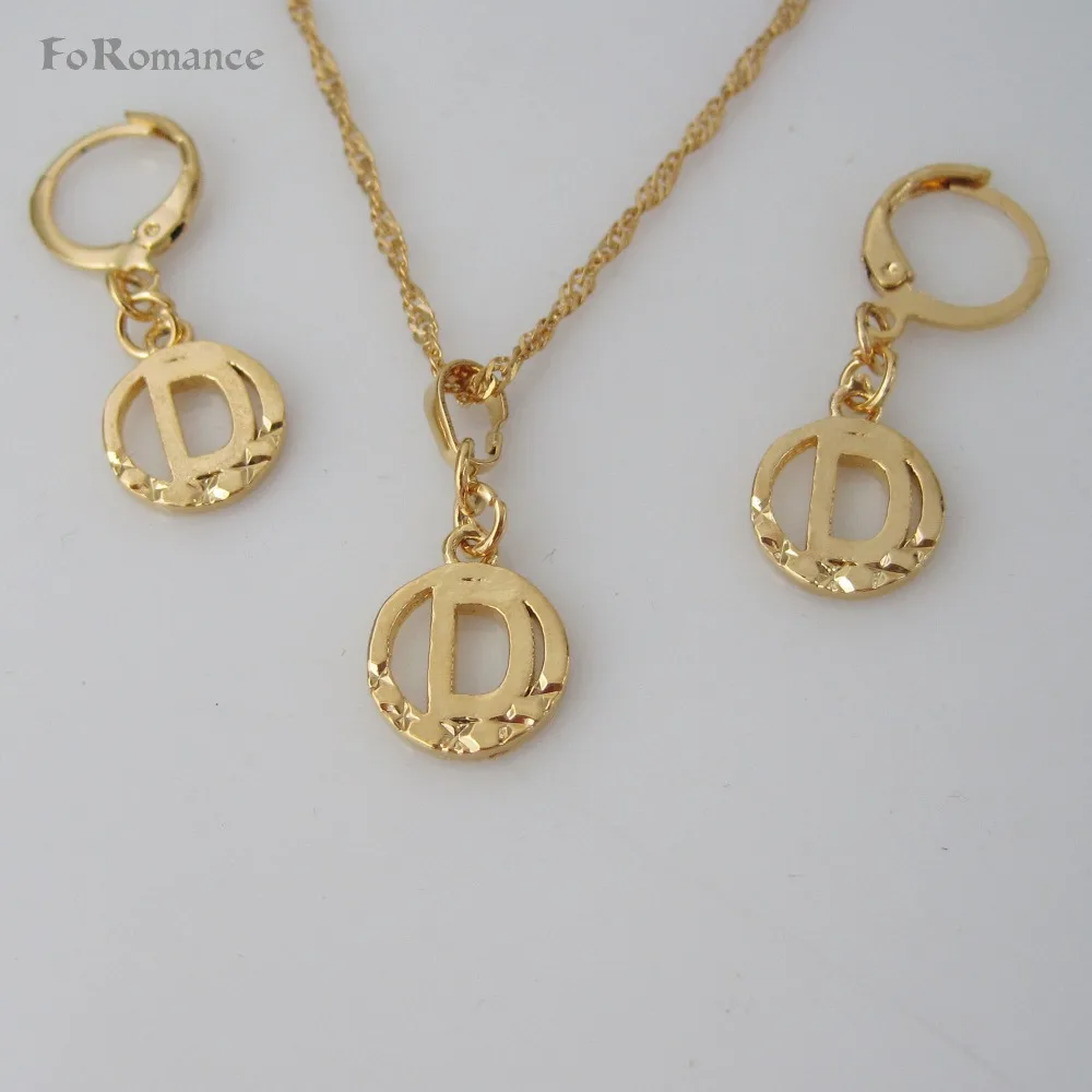 FoRomance- HIGH QUALITY GOLD GP 26 LETTERS INITIALS FROM A TO T CIRCLE STAR CARVED PENDANT 18&quot WATER WAVE NECKLACE EARRING SET |