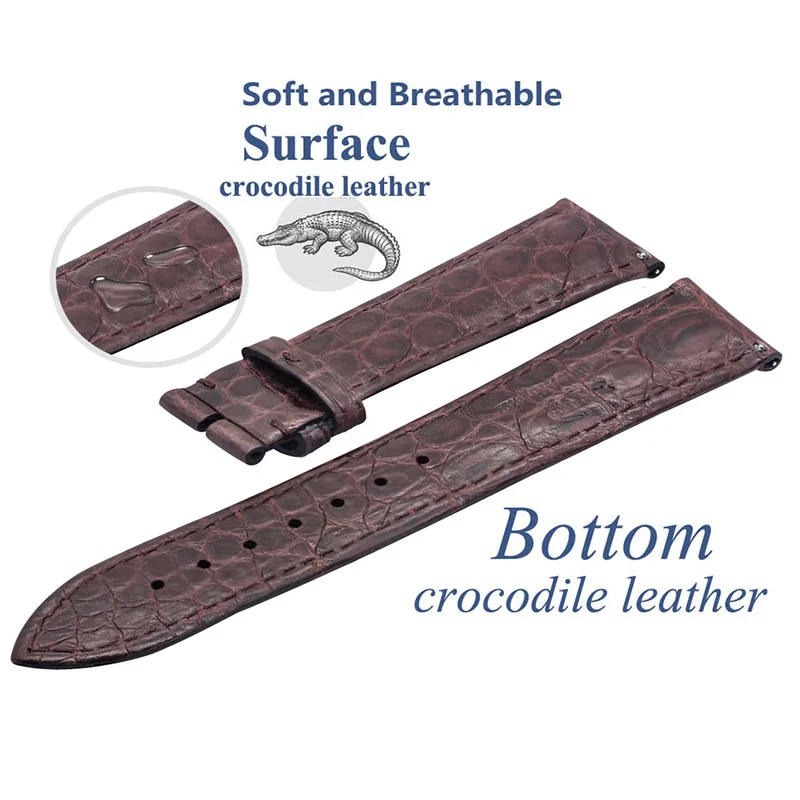 ZLIMSN Double Crocodile Skin Strap Quick Installation Brown Black for Mens Women Luxury Alligator Watch Band Size 18mm 20mm 22mm