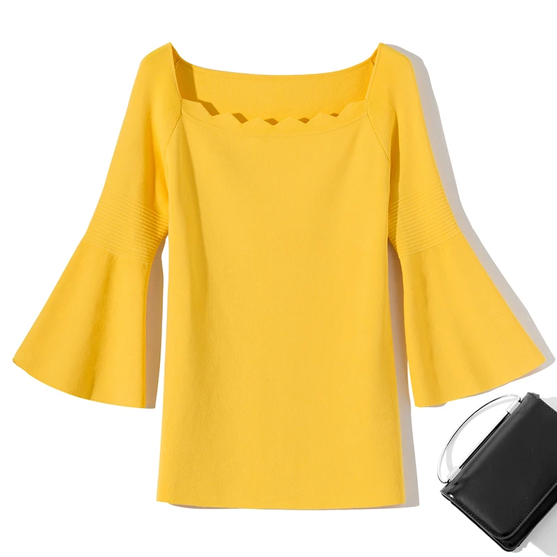 Elegant Women's New Three Quarter Sleeves Flared Sleeve Slim Knit Blouse Solid Yellow Tops C303 |
