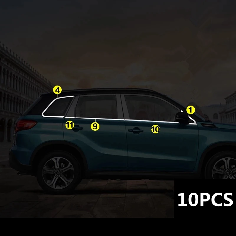 Для Suzuki Vitara- корпус из нержавеющей стали Стекло окно украшение столб средняя полоса отделка рамка лампы капот запчасти - Цвет: 10PCS