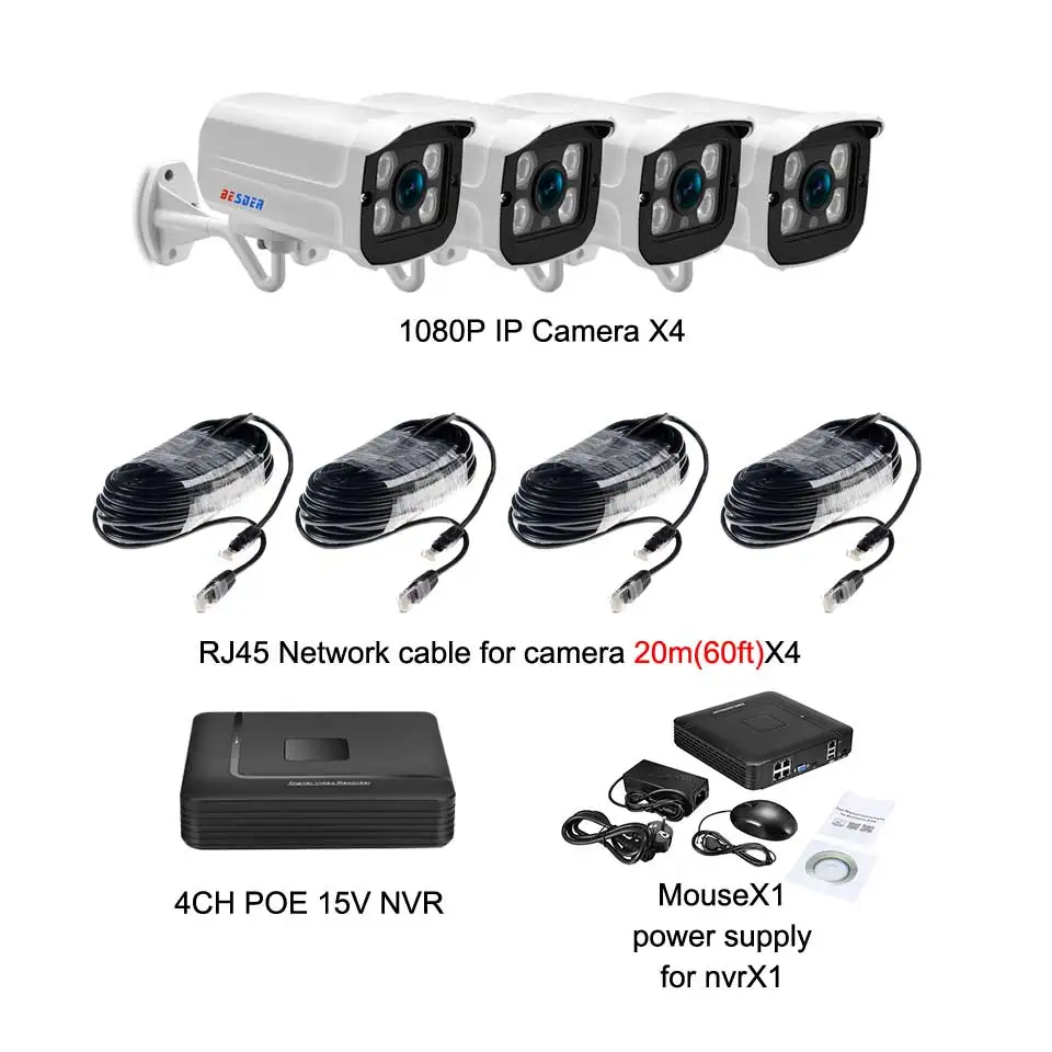 Розовый Besder Full HD 1080P 4-канальная система видеонаблюдения 4 шт. 2MP металлическая уличная ip-камера 4CH 1080P POE 15V NVR CCTV Комплект HDMI P2P электронная сигнализация - Цвет: Розовый