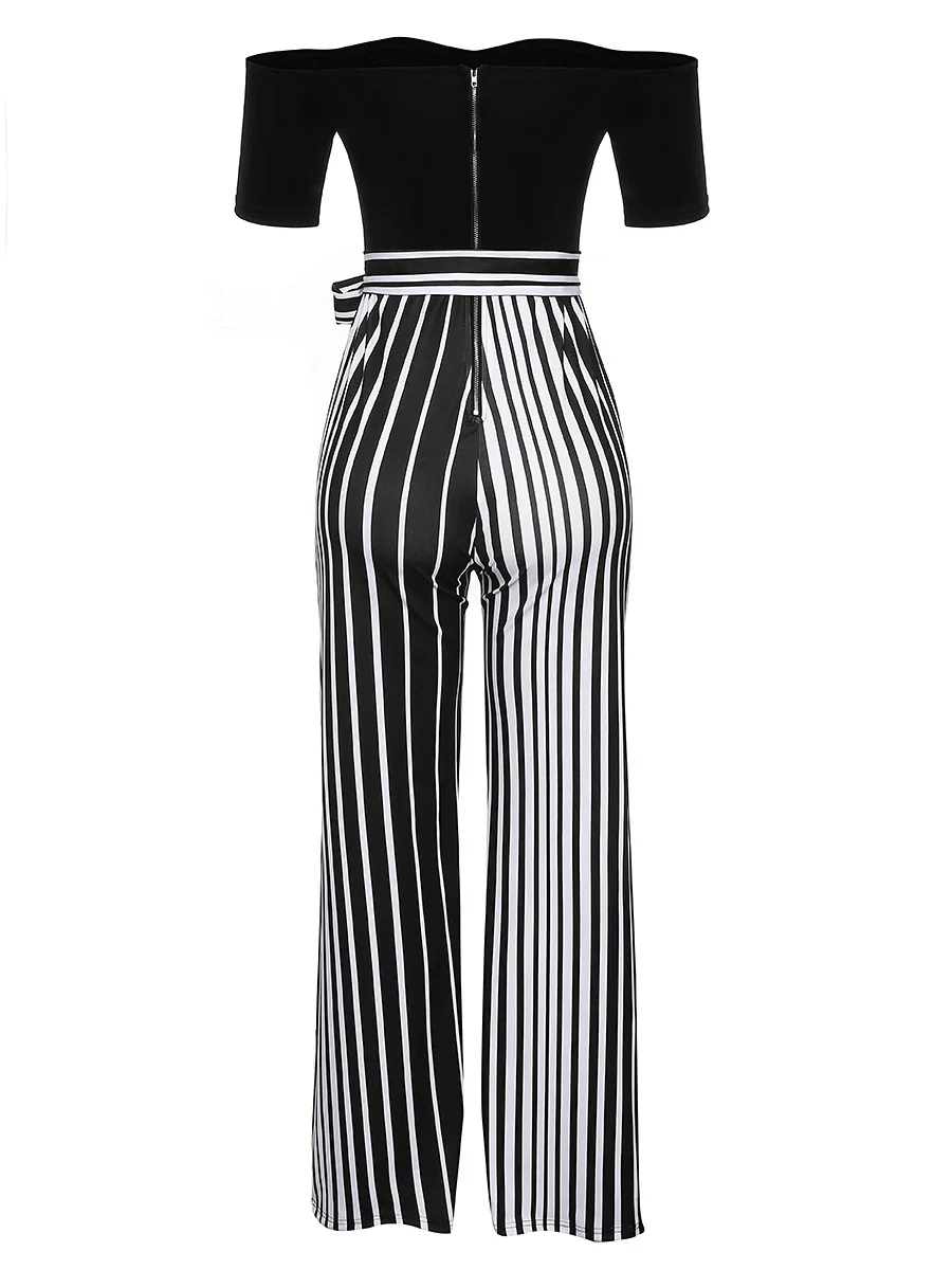 Slash Neck Short Sleeve Stripe Print Overalls Jumpsuits Outfit with Sashes Women Casual Sexy Fashion Bandage Straight Rompers | Женская