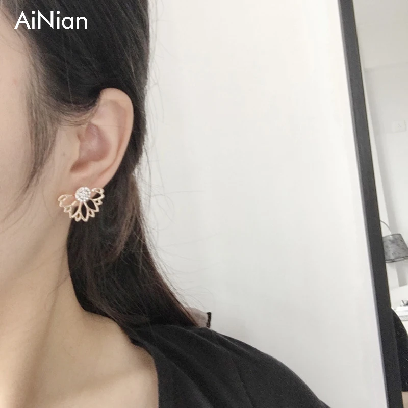 Женские серьги гвоздики с цветком AiNian двухсторонние позолоченные и