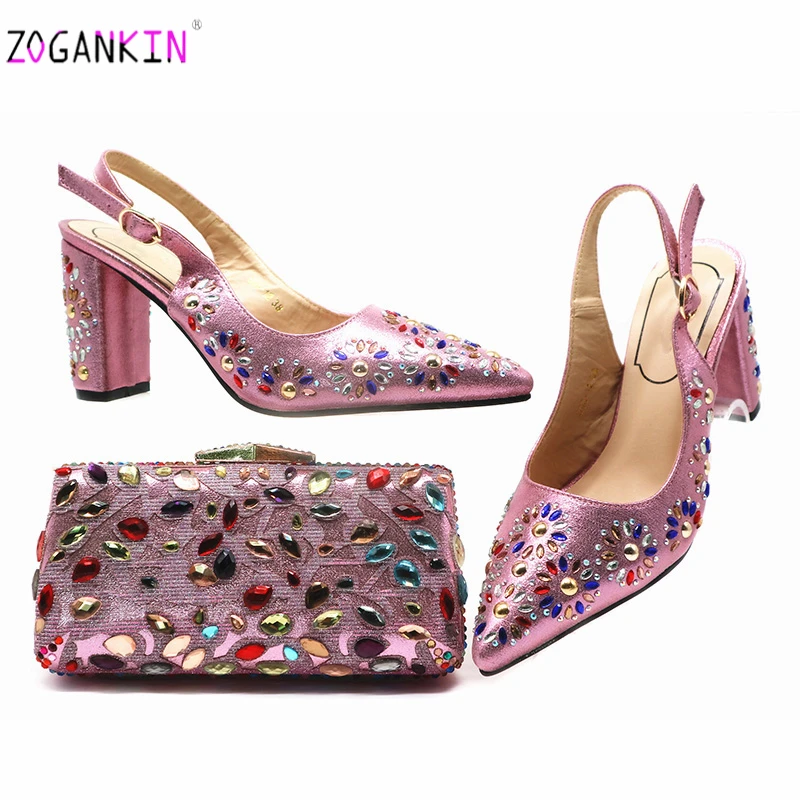 

2019 latest Pink Color African Shoes with Matching Bag Italian Design African Nigeria Sandals and Bag Set for Parties