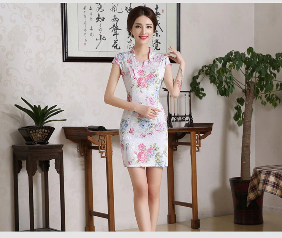 Весна Белый лотос китайский Cheongsam винтажное традиционное вечернее платье низкий воротник Qipao элегантные платья