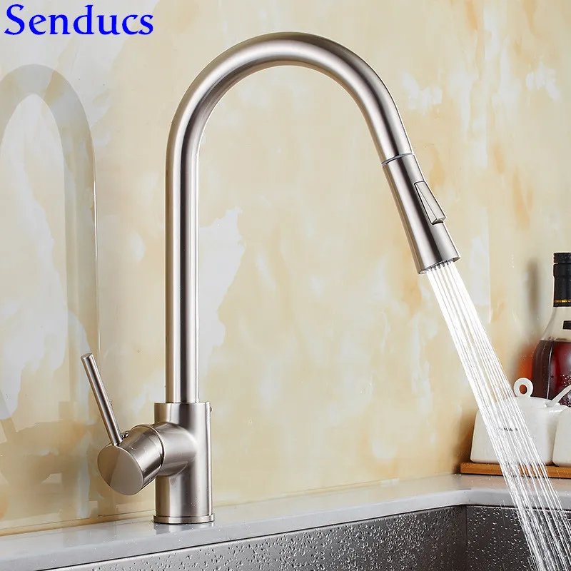 

Senducs Brushed Pull Down Kitchen Faucet Qualtiy Brass Kitchen Sink Mixer Tap Deck Mounted Brushed Pull Out Kitchen Faucet
