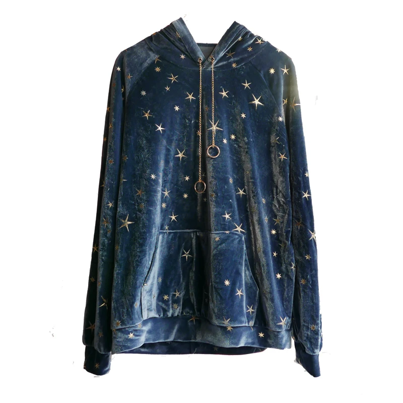 

New 2018 autumn winter blue velvet star long sleeves metal chains hooded velvet ladies.