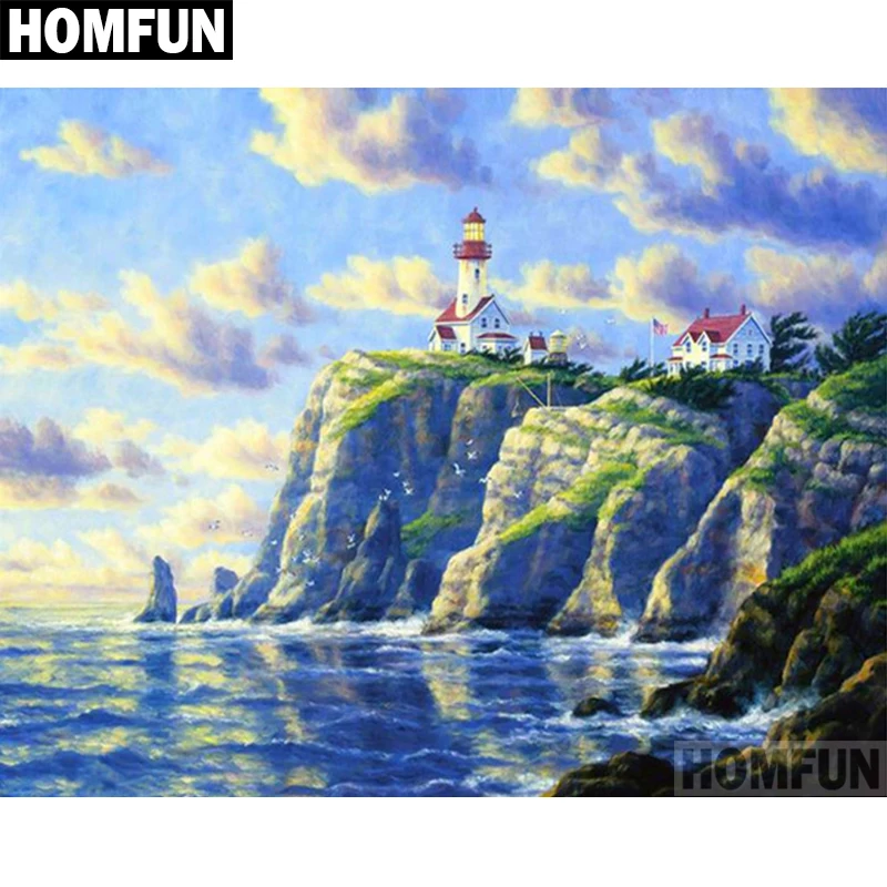 Алмазная живопись HOMFUN A06069 полноразмерная/круглая вышивка Маяк океана 5D для