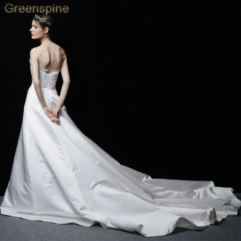 Женское атласное платье с длинным шлейфом Greenspine свадебное трапециевидной формы