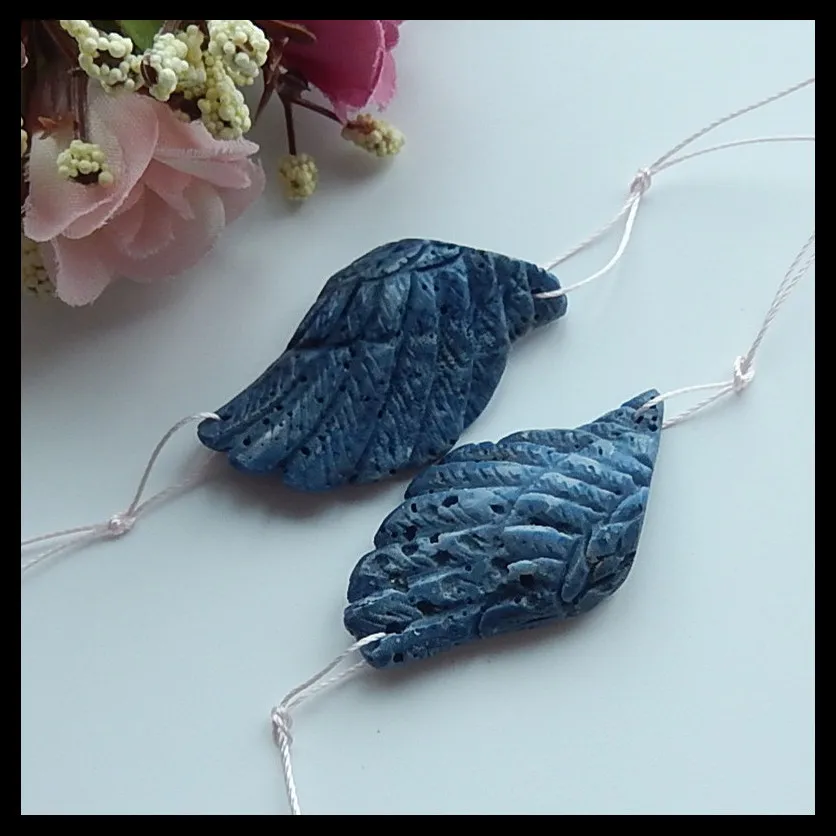 

Natural blue coral Carved wing fashion woman Earring Bead,39x21x7mm,11.6g