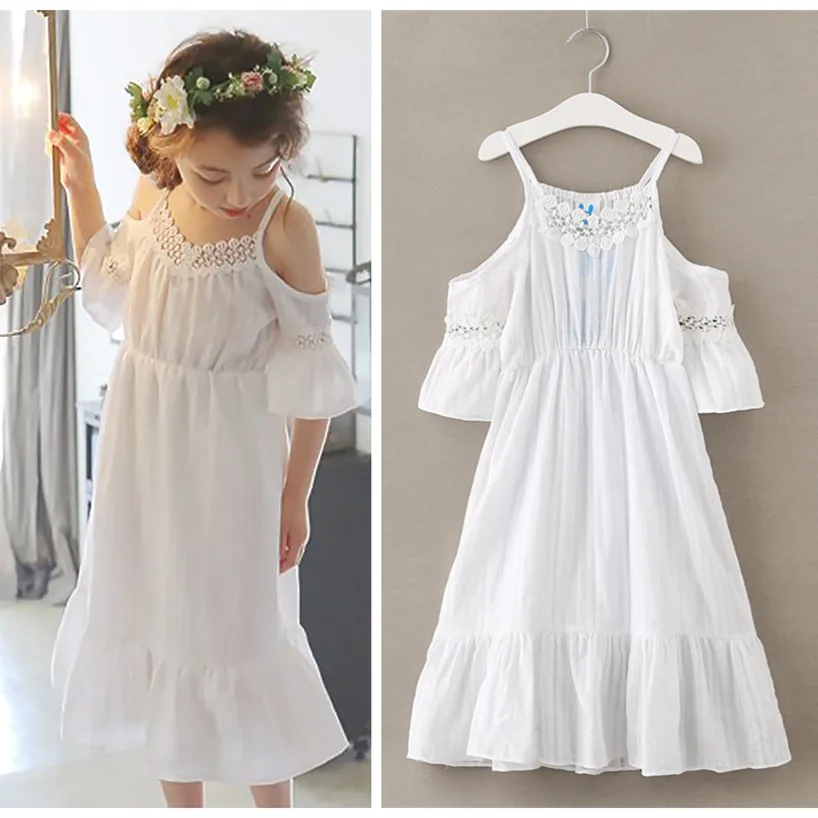Summer Kids Dresses For Girls Sweet Princess Beach Dress Elegant Lace Cotton Sundress Baby Girl Clothes age 4 6 8 10 12 14 yrs | Детская