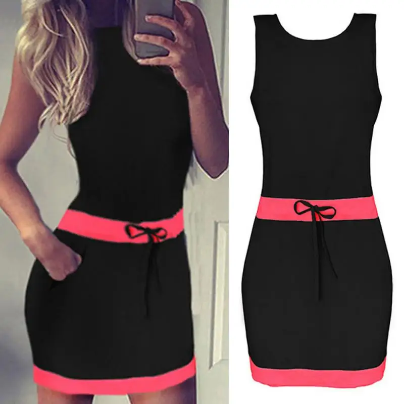 Новинка 2019 модное женское платье без рукавов двухцветное с бантом туника мини