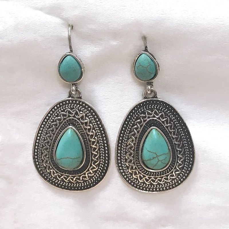 

Retro Ethnic Green Blue Water Drop Earrings Bohemian Jewelry Tibetan Pattern Dangle Earrings Brincos L5M003