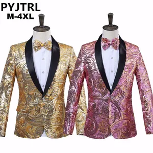 PYJTRL Мужской Розовый Золотой цветок блестки Необычные Блестки Свадебный певец сценический костюм куртка годовой DJ блейзер с галстуком-бабочкой